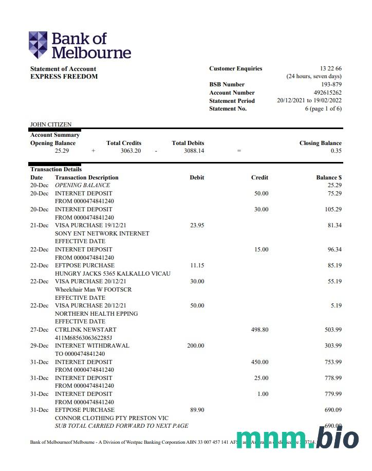 Wyciąg z konta bankowego Australia Bank of Melbourne, 6 stron